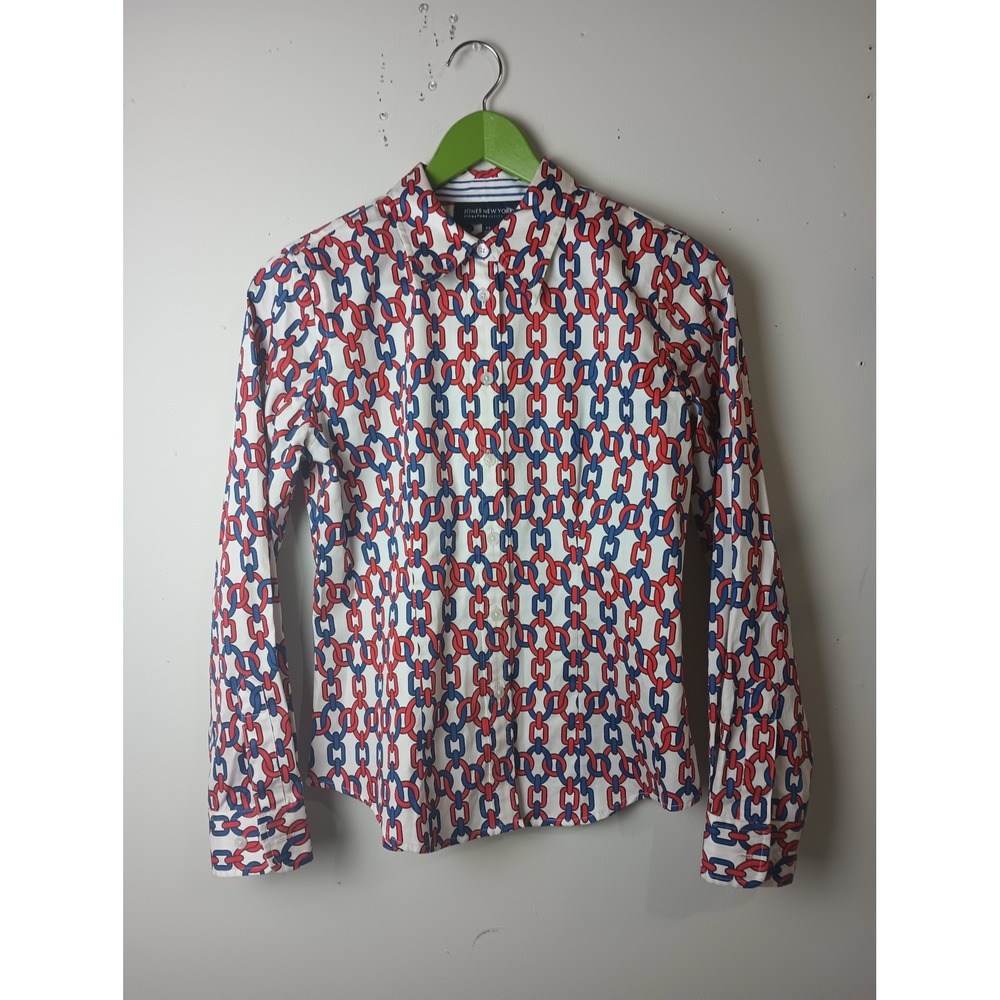Jones New York Signature Petite Red Blue Chain Link Button Down Shirt PS